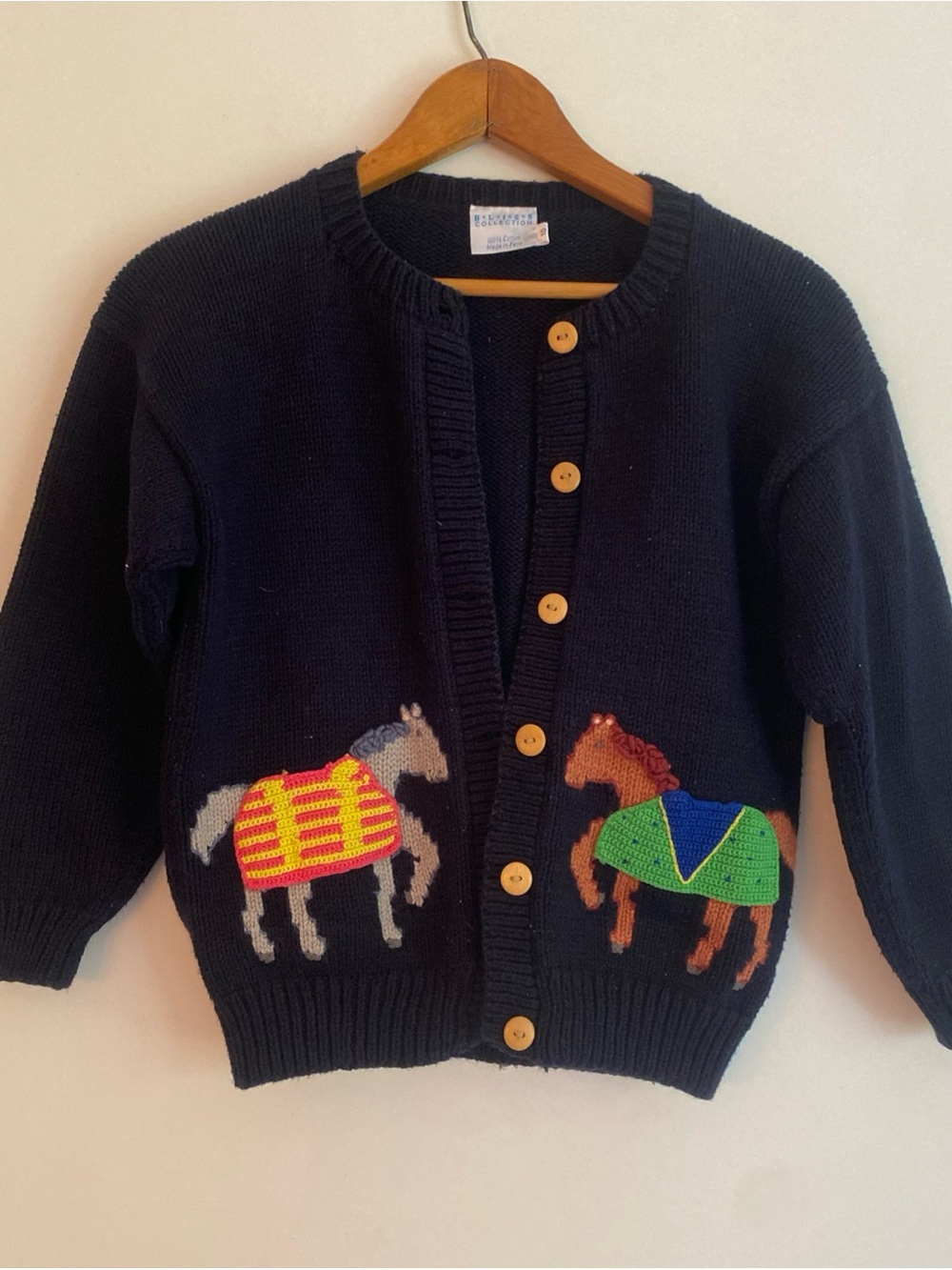 Bliss Collection Navy Kids Horse Intarsia Cardigan with Colorful Saddle Details